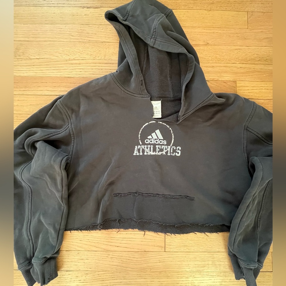 Adidas Black Cropped Distressed Raw Hem Hoodie with Logo